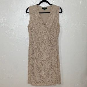Lauren Ralph Lauren v neck floral lace side gather cream Nude midi dress size 14